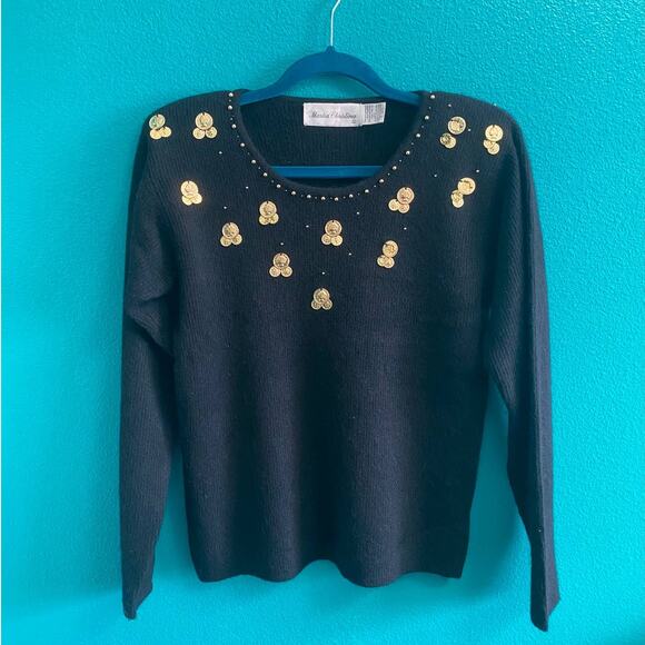 Marisa Christina Lambswool Angora Black Gold Medallion Sweater Size S-M - Picture 2 of 10
